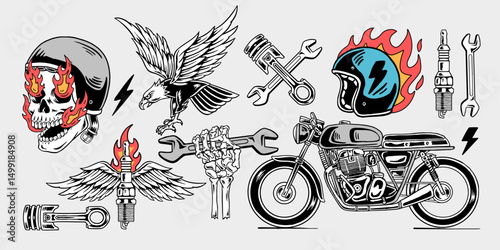Retro motorcycle theme vectors. Skull, helmet, eagle, bike, wrench, and piston illustrations. 