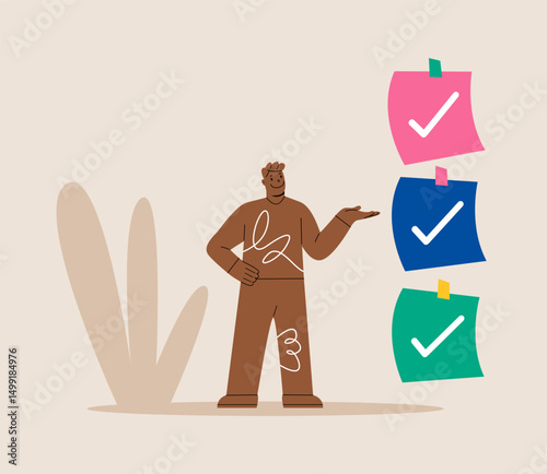 Man showing checklist task list. Colorful vector illustration