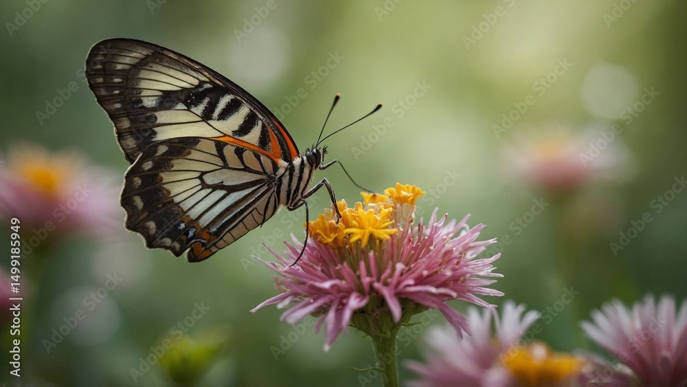 Obraz premium Butterfly on Flower: A delicate butterfly with intricate wing patterns alights on a vibrant pink flower, showcasing the beauty of nature in a serene outdoor setting.