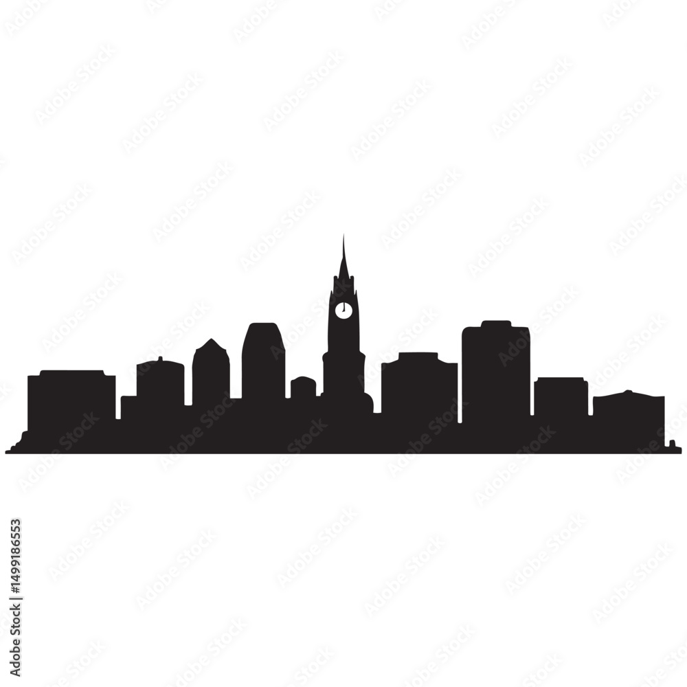 Naklejka premium Panoramic View of Downtown Syracuse Skyline. Syracuse city black silhouette skyscrapers and buildings. Long cityscape. Vector black silhouette. with white background