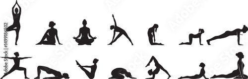 Yoga Poses Silhouette Vector Illustration on White Background.