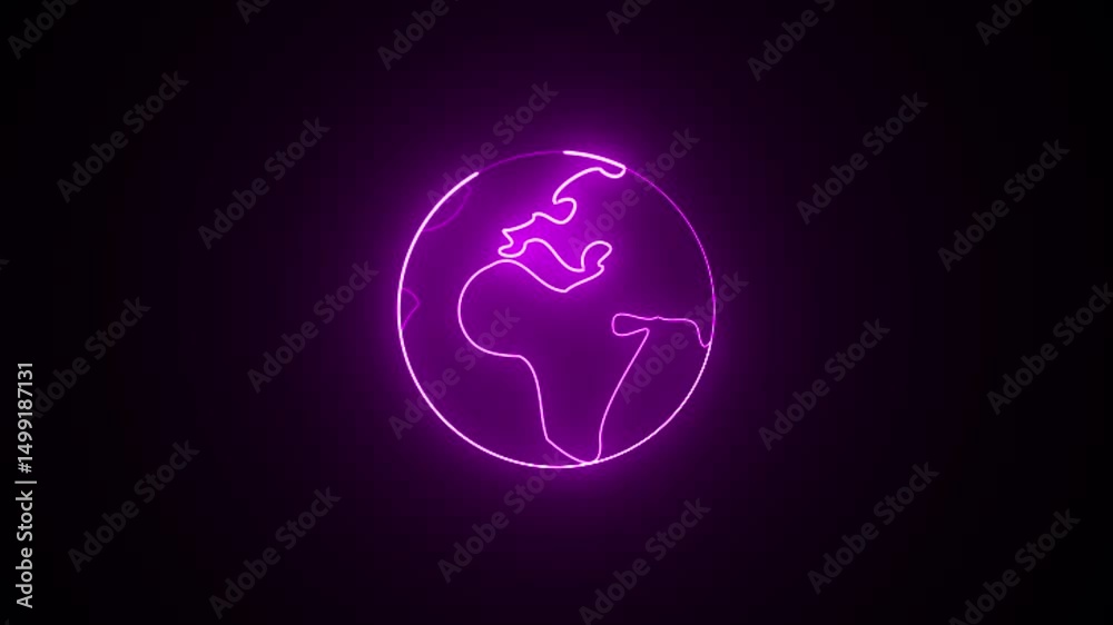 Glühende Neonlinie Erdkugelikone isoliert auf schwarzen Hintergrund Welt- oder Erdzeichen Globales Internet-Symbol Geometrische Formen grafische Animation Videobewegung 4K
