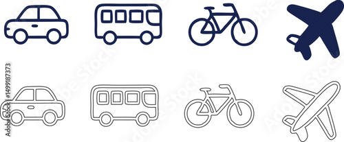 car, bus, bicycle, aeroplane, transport outline icon set