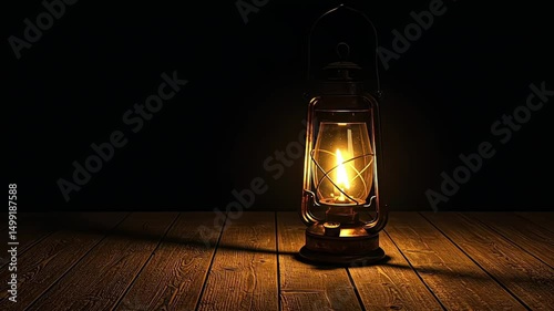 Lit vintage lantern casting light on wooden floor in dark room