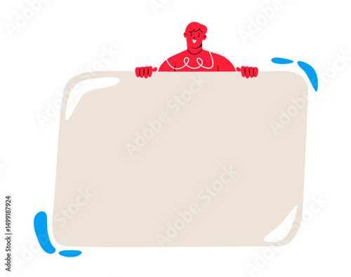 Man holding empty blank board. Colorful vector illustration