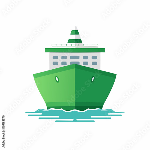 Green Cargo Ship at Sea: Front View Illustration
