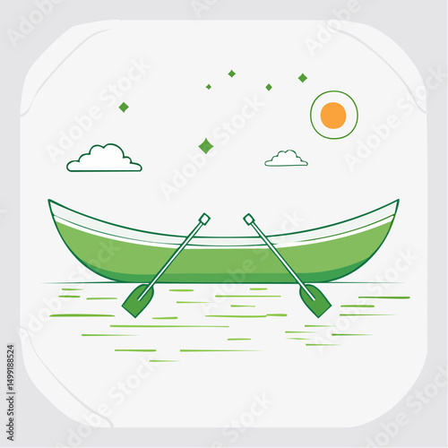 Green Rowboat on Calm Water Under a Simple Sun and Clouds