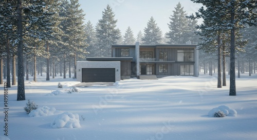 Modern house in snowy forest photo