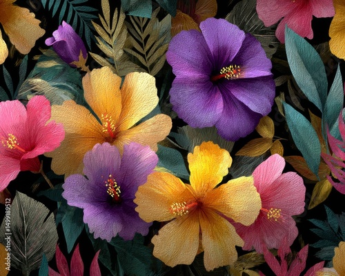 Vibrant Hibiscus Flower Pattern with Gold Glitter