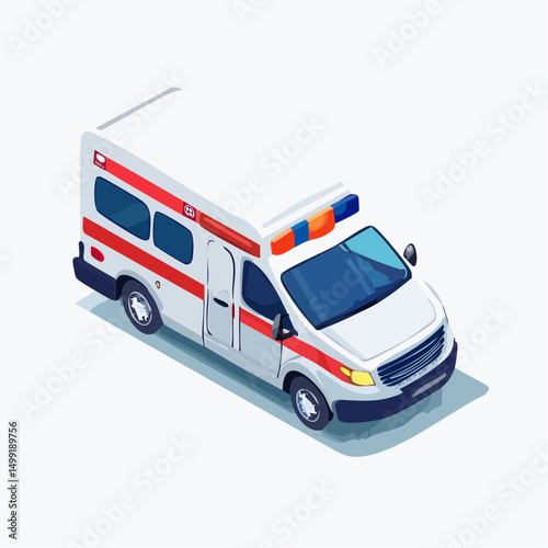 Isometric Illustration of a White and Red Ambulance