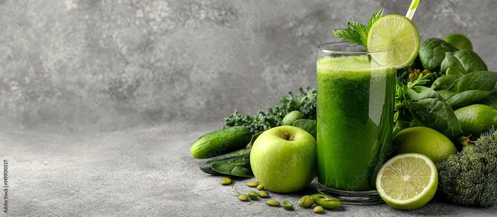 Fototapeta premium Green smoothie with various healthy ingredients.