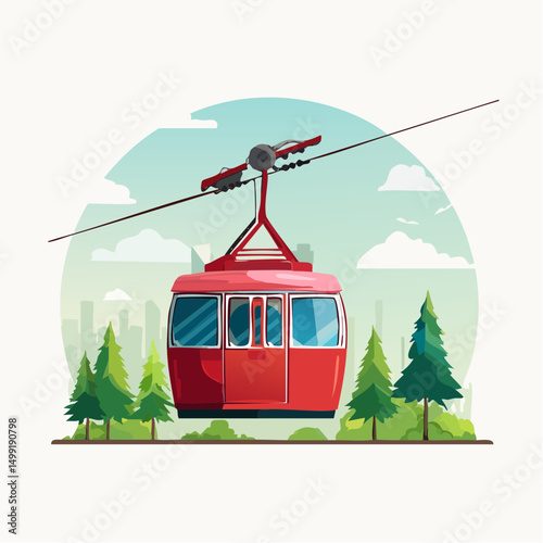 Red Cable Car Ascending Mountain Cityscape