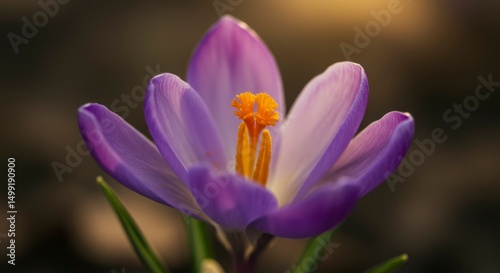 Close-up of a purple crocus flower with an orange center, illuminated by sunlight, with petals open