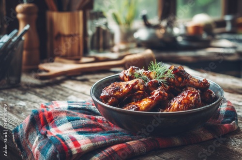 Delicious glazed chicken wings in a dark bowl.