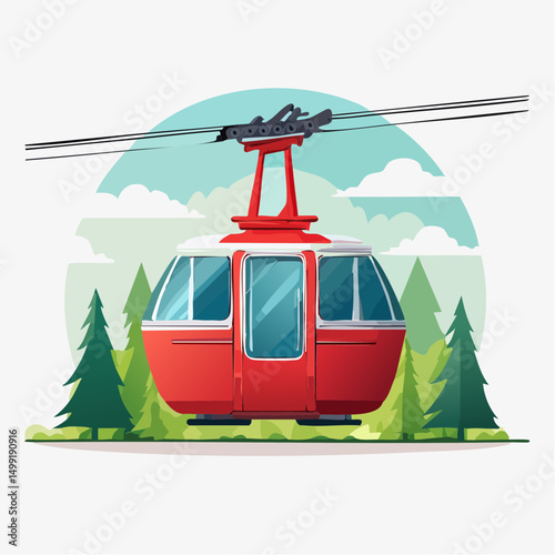 Red Cable Car in Mountain Landscape Illustration