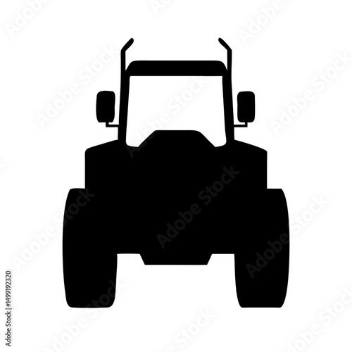 Modern farm tractor front view silhouette icon, black vector for agriculture and farming design.