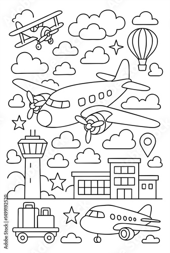 Aviation-themed coloring page with pilot, airplanes, globe, and travel elements. Black and white outline illustration for kids, learning, and fun activities.