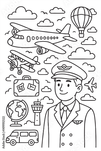 Aviation-themed coloring page with pilot, airplanes, globe, and travel elements. Black and white outline illustration for kids, learning, and fun activities.