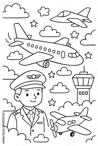 Aviation-themed coloring page with pilot, airplanes, globe, and travel elements. Black and white outline illustration for kids, learning, and fun activities.