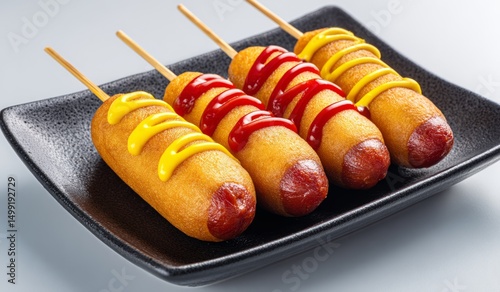 Four corn dogs on a dark pl...