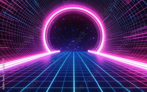 Retro-futuristic neon tunnel with pink and blue glowing lines, grid floor, and a star-filled circular portal at the end