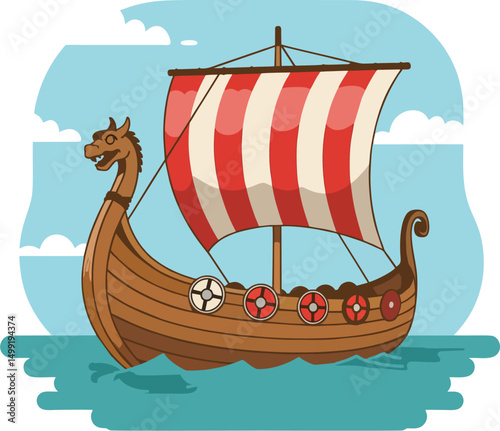 Traditional Viking Longship Vector with Dragon Head and Red Striped Sail on Blue Ocean