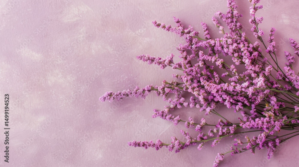 Fototapeta premium Pink Heather flowers displayed on a soft mauve table, adding a touch of elegance and beauty with room for personalized notes.