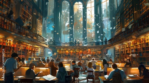 Grand library filled with readers