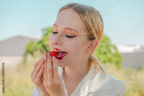 Young woman teenager with beautiful teeth bites fresh delicious strawberry, close up, selective focus. Summer photo for social networks. Vitamin healthy snack.