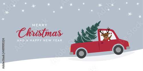 cute deer drives a car with christmas tree on winter landscape vector illustration