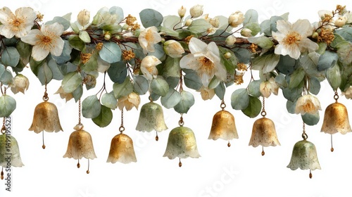 Elegant White and Gold Floral Garland with Bells
