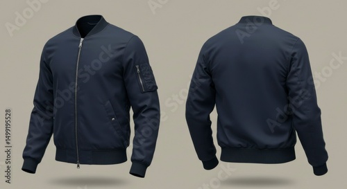 Navy blue bomber jacket, front and back views