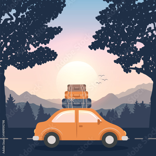road trip adventure in the wilderness car on mountain landscape vector illustration