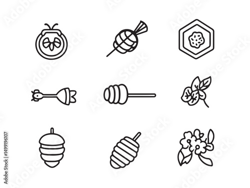 Stylized honey dripping and bee line art vector graphic