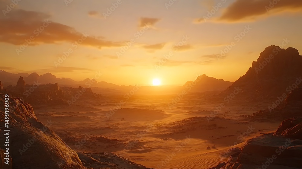 Naklejka premium A serene desert landscape at sunset, showcasing the beauty of nature's colors and formations.