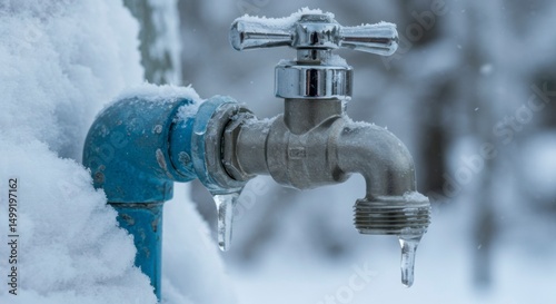 Frozen outdoor water faucet covered in snow and icicles