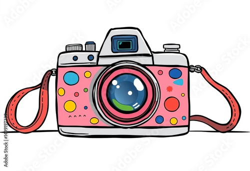 Whimsical cartoon camera, colorful vector doodle, playful design, ideal for kids decor,  shutter,  graphic