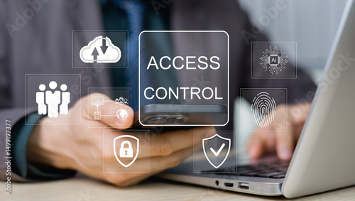 Automatic concept of system access control for safety in accessing personal information Businessmen use smartphones with virtual access control icons. Hacker protection.