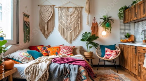 A cozy boho-style studio with a bed and soft blankets, macrame on the wall and decorative pillows. A kitchen with wooden cabinets and a sitting area with an armchair and plants.