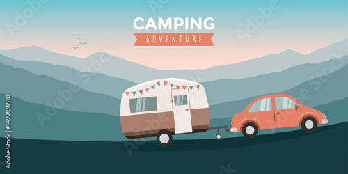 camping adventure car with caravan in nature landscape vector illustration