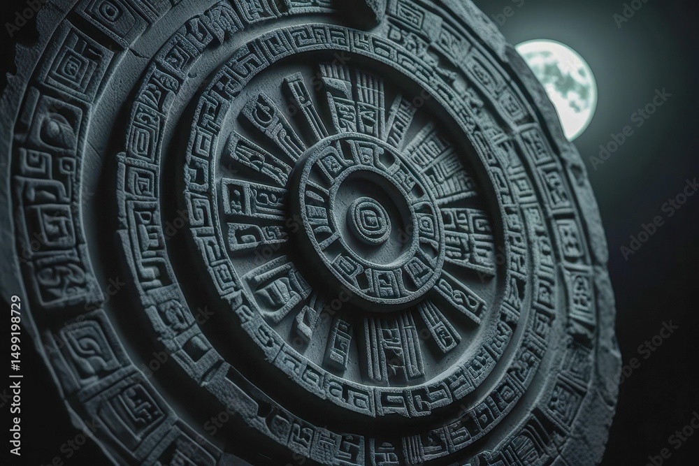 Obraz premium A close-up black and white photo of an Aztec calendar with vivid moonlight. Detailed symbols and textures give the image a mystical feel. Historical realism aesthetic.