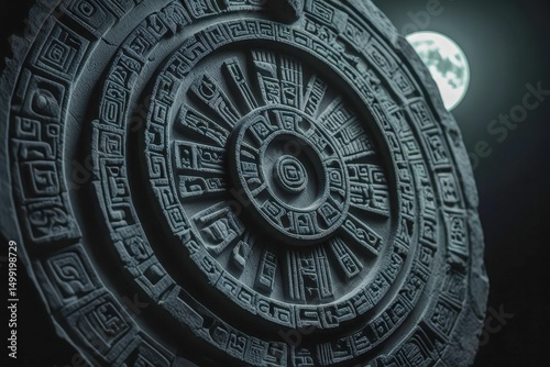 A close-up black and white photo of an Aztec calendar with vivid moonlight. Detailed symbols and textures give the image a mystical feel. Historical realism aesthetic.