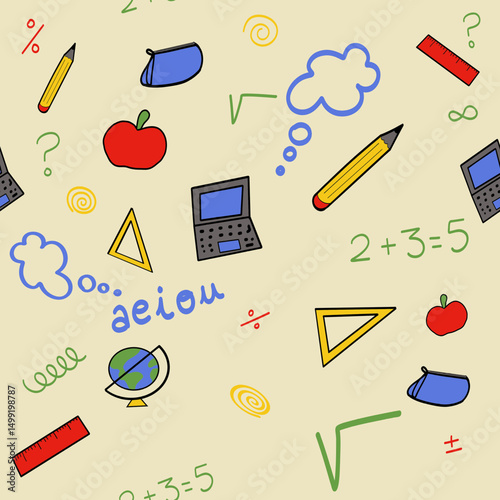 Colorful hand drawn school supplies, math symbols, and thought bubbles forming playful educational pattern on light yellow background