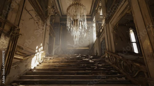 Cracked staircase inside ruined hotel lobby