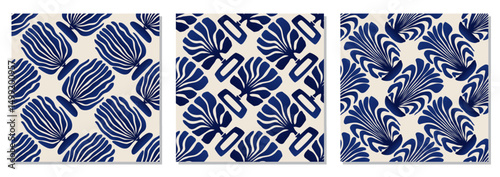 Set of trendy minimalist seamless botanical pattern with abstract creative hand drawn composition