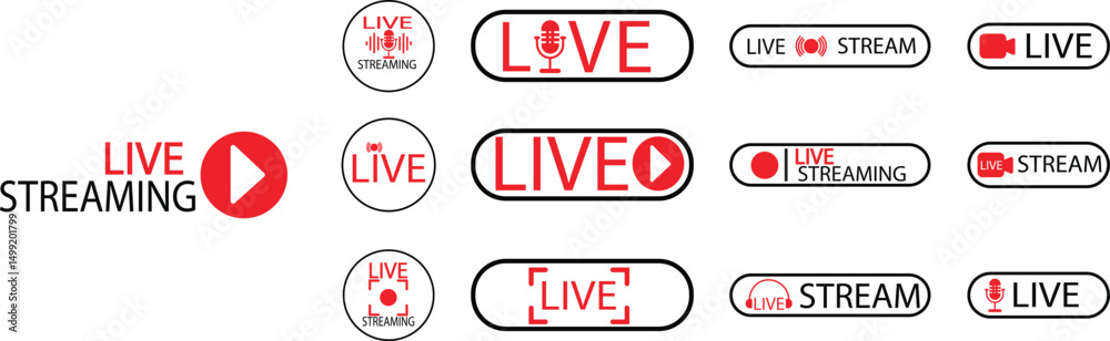 Fototapeta premium Set of live streaming icons. Red symbols and buttons of live, broadcasting, online stream and Podcast. broadcast, blog, television, shows, live performances, news and various video content Vector
