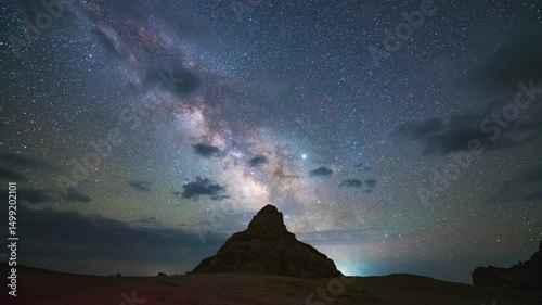 Milky way time lapse over hilltop at night in saudi arabia
