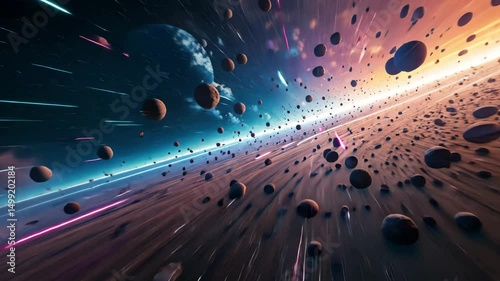 Wallpaper Mural Cosmic animation of galaxy with flying asteroids and glowing lights showing outer space beauty, sci-fi exploration and science concept in colorful visuals Torontodigital.ca