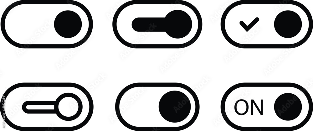 Turn on mode toggle Switch Buttons icons set. Black interface switch button concept. Slider collection Vector ui element icon.