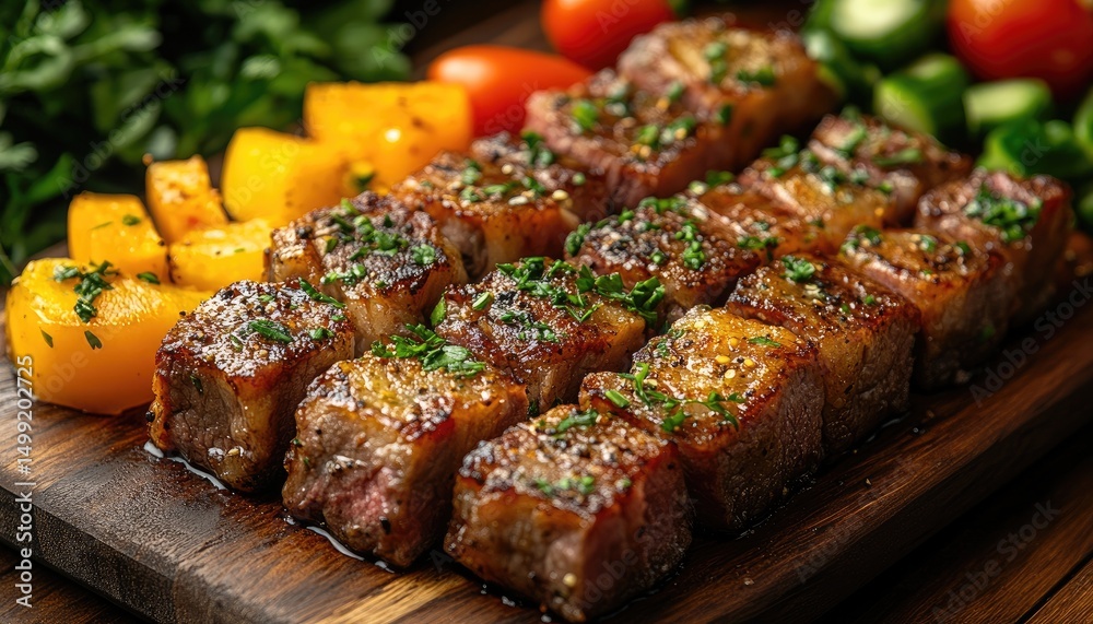 Delicious grilled steak cubes on a wooden board with garnish and vegetables. Perfect for restaurant menus, food blogs, or culinary content creation. Delicious grilled steak cubes on a wooden board with garnish and vegetables. Perfect for restaurant menus, food blogs, or culinary content creation.